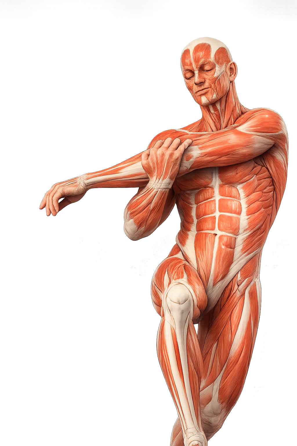 Anatomical illustration showing a stretching movement during physiotherapy recovery